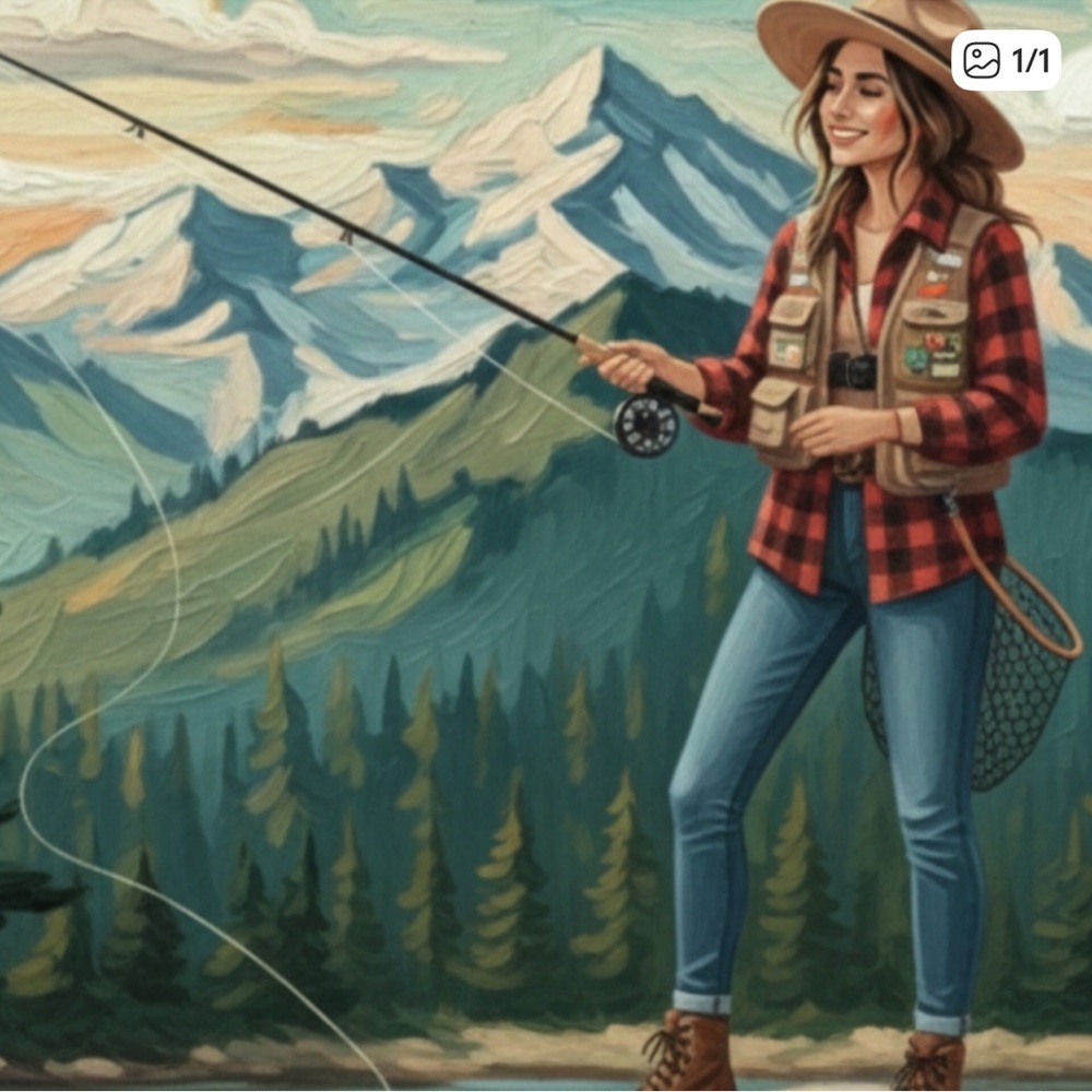 Fishing Scene Canvas Art Print - Red Plaid, Blue Jeans